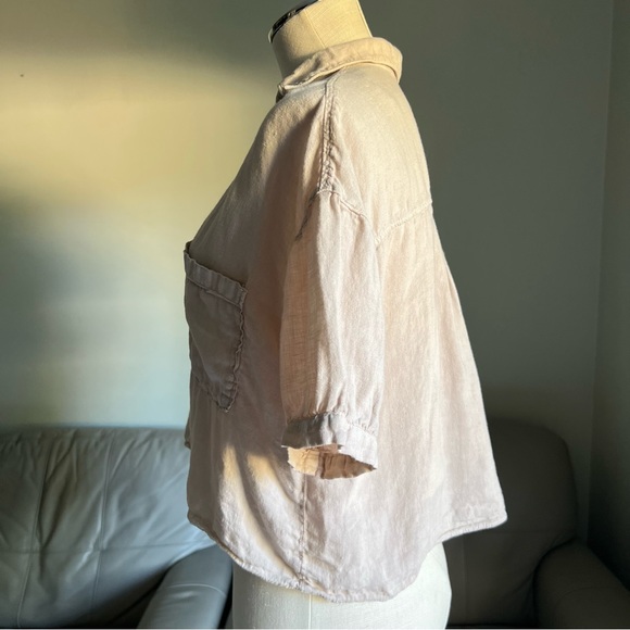 Zara Sz S Tan 100% Linen Button Up Shirt Cropped Short Sleeve Boxy Collared Top - Picture 14 of 17